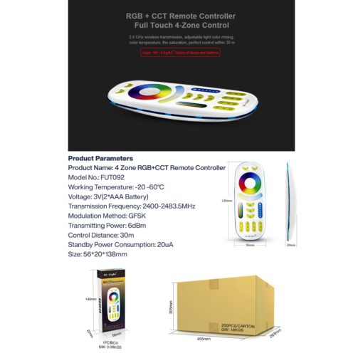 GloboStar® 73434 Mi-Light MiBOXER FUT092 – Ασύρματο Χειριστήριο Αφής έως 4 Group RF 2.4GHz 433MHz RGBW+WW Smart Touch Panel 4-Zone