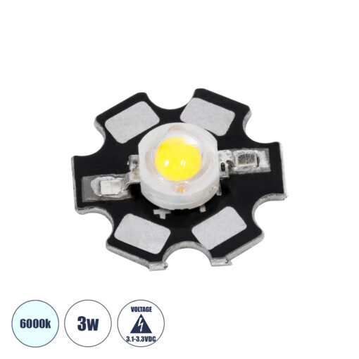 GloboStar® 73741 High Power Star LED – Υψηλής Ισχύος Star LED 3W DC 3.2V Ψυχρό Λευκό 6000K Φ2 x Υ0.6cm – 2 Χρόνια Εγγύηση