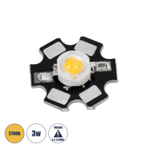 GloboStar® 73744 High Power Star LED – Υψηλής Ισχύος Star LED 3W DC 3.2V Θερμό Λευκό 2700K Φ2 x Υ0.6cm – 2 Χρόνια Εγγύηση
