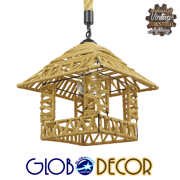 GloboStar® SPIKY 01613 Vintage Κρεμαστό Φωτιστικό Οροφής Μονόφωτο 1 x E27 Πλέγμα με Μπεζ Σχοινί Φ43 x Υ28cm