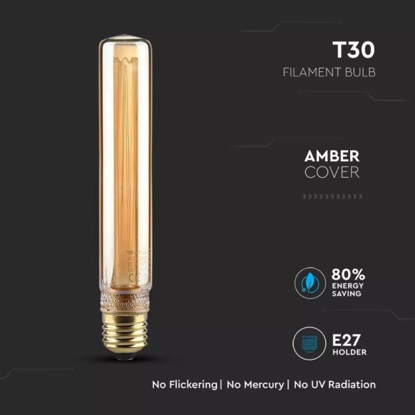 LED Λάμπα E27 T30 19cm 2W Filament Amber V-TAC 300° 65lm Θερμό Λευκό 1800Κ – 217473