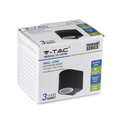 Εξωτερικό φωτιστικό τοίχου V-TAC, 35W, μαύρο, αδιάβροχο IP44, βάσης GU10, συμβατό με λαμπτήρες LED.