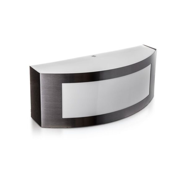 Απλίκα τοίχου εξωτερικού χώρου, καμπυλωτό σχήμα, μέταλλο και λευκό γυαλί, μοντέρνος σχεδιασμός.