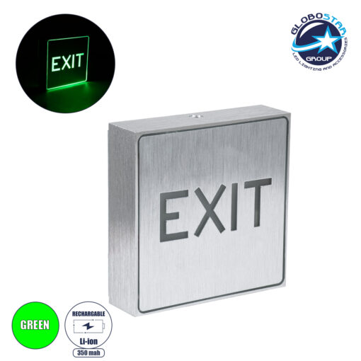 GloboStar® SENSATI 75651 Φωτιστικό Τοίχου Ένδειξης EXIT LED 1W AC 220-240V με Επαναφορτιζόμενη Μπαταρία 350mAh IP20 – Σώμα Αλουμινίου – Μ11 x Π11 x Υ3cm – Πράσινο