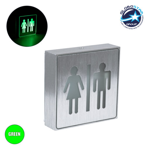 GloboStar® SENSATI 75656 Φωτιστικό Τοίχου Ένδειξης WC MAN & WOMAN LED 1W AC 220-240V IP20 – Σώμα Αλουμινίου – Μ11 x Π11 x Υ3cm – Πράσινο