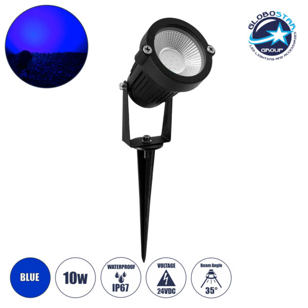 GloboStar® 75587 Προβολάκι Κήπου Καρφωτό – Δαπέδου Bridgelux COB LED 10W 1000lm 35° DC 24V Αδιάβροχο IP67 Ultra Μπλε Dimmable