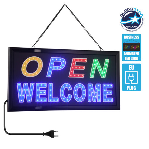 GloboStar® 75680 Φωτιστικό Ταμπέλα LED Σήμανσης OPEN WELCOME με Πρίζα AC 230V Μ48xΠ25xΥ2cm