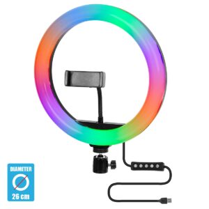 GloboStar® 75801 Professional Digital Ring Light Φ26cm LED SMD 30W 3000lm 180° DC 5V με Καλώδιο Τροφοδοσίας USB – Ενσωματωμένο Χειριστήριο Εναλλαγής Χρωμάτων & 1 Βάση Τηλεφώνου – Πολύχρωμο RGBW+WW Dimmable