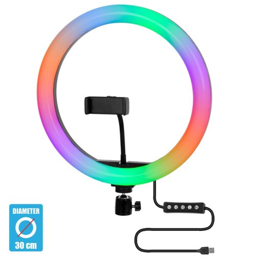 GloboStar® 75802 Professional Digital Ring Light Φ30cm LED SMD 40W 4000lm 180° DC 5V με Καλώδιο Τροφοδοσίας USB – Ενσωματωμένο Χειριστήριο Εναλλαγής Χρωμάτων & 1 Βάση Τηλεφώνου – Πολύχρωμο RGBW+WW Dimmable
