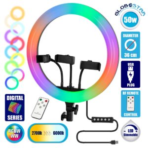 GloboStar® 75803 Professional Digital Ring Light Φ36cm LED SMD 50W 5000lm 180° DC 5V με Καλώδιο Τροφοδοσίας USB – Ενσωματωμένο και Ασύρματο Χειριστήριο RF 2.4Ghz Εναλλαγής Χρωμάτων & 3 Βάσεις Τηλεφώνου – Πολύχρωμο RGBW+WW Dimmable