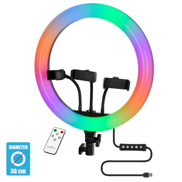 GloboStar® 75803 Professional Digital Ring Light Φ36cm LED SMD 50W 5000lm 180° DC 5V με Καλώδιο Τροφοδοσίας USB – Ενσωματωμένο και Ασύρματο Χειριστήριο RF 2.4Ghz Εναλλαγής Χρωμάτων & 3 Βάσεις Τηλεφώνου – Πολύχρωμο RGBW+WW Dimmable