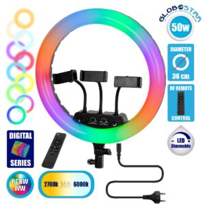 GloboStar® 75804 Professional Digital Ring Light Φ36cm LED SMD 50W 5000lm 180° AC 230V με Καλώδιο Τροφοδοσίας Πρίζας – Ασύρματο Χειριστήριο RF 2.4Ghz Εναλλαγής Χρωμάτων & 3 Βάσεις Τηλεφώνου – Πολύχρωμο RGBW+WW Dimmable