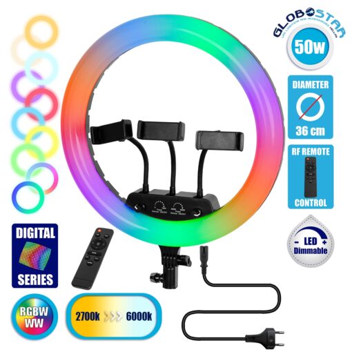 GloboStar® 75804 Professional Digital Ring Light Φ36cm LED SMD 50W 5000lm 180° AC 230V με Καλώδιο Τροφοδοσίας Πρίζας – Ασύρματο Χειριστήριο RF 2.4Ghz Εναλλαγής Χρωμάτων & 3 Βάσεις Τηλεφώνου – Πολύχρωμο RGBW+WW Dimmable