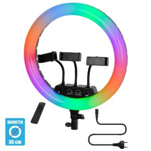 GloboStar® 75804 Professional Digital Ring Light Φ36cm LED SMD 50W 5000lm 180° AC 230V με Καλώδιο Τροφοδοσίας Πρίζας – Ασύρματο Χειριστήριο RF 2.4Ghz Εναλλαγής Χρωμάτων & 3 Βάσεις Τηλεφώνου – Πολύχρωμο RGBW+WW Dimmable