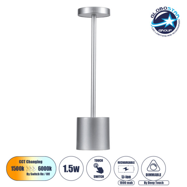 GloboStar® JOJO 76521 Μοντέρνο Επιτραπέζιο Φωτιστικό Πορτατίφ LED 1.5W 105lm 120° DC 5V Επαναφορτιζόμενο με Μπαταρία Li-ion 1800mAh – Διακόπτη Αφής με 3 Εναλλαγές Φωτισμού CCT Θερμό – Φυσικό – Ψυχρό 1500K – 4500K – 6000K Dimmable – D8 x H34cm – Ασημί