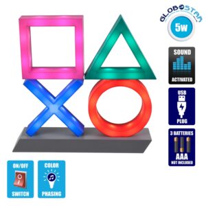 GloboStar® 76543 Επιτραπέζιο Διακοσμητικό Φωτιστικό LED 5W DC 5V Playstation Icons Light XL – Sound Activated – Καλώδιο Τροφοδοσίας USB – Πολύχρωμo με 3 Διαφορετικά Προγράμματα