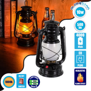 GloboStar® 76546 Vintage Επιτραπέζιο Διακοσμητικό Φωτιστικό LED Retro Μαύρο Φαναράκι Flame Effect 10W 500lm Επαναφορτιζόμενο με Διακόπτη On/Off & Καλώδιο Πρίζα Σούκο – Μπαταρίας 2×18650 4000Mah (Περιλαμβάνονται) Ultra Θερμό Λευκό 1800K