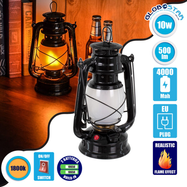 GloboStar® 76546 Vintage Επιτραπέζιο Διακοσμητικό Φωτιστικό LED Retro Μαύρο Φαναράκι Flame Effect 10W 500lm Επαναφορτιζόμενο με Διακόπτη On/Off & Καλώδιο Πρίζα Σούκο – Μπαταρίας 2×18650 4000Mah (Περιλαμβάνονται) Ultra Θερμό Λευκό 1800K