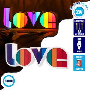 GloboStar® 76550 Μοντέρνο Επιτραπέζιο Διακοσμητικό Φωτιστικό LED Σήμανσης COLORS LOVE 2W με Διακόπτη On/Off & Καλώδιο Τροφοδοσίας USB – Μπαταρίας 3xAAA (Δεν Περιλαμβάνονται) Ψυχρό Λευκό 6000K