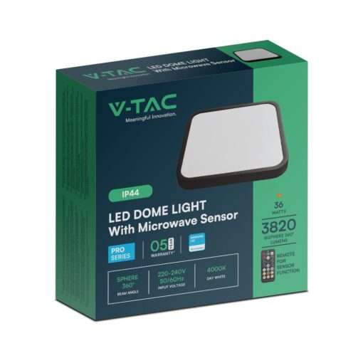 Πλαφονιέρα Τετράγωνη LED 36W 4000K IP44 με Ανιχνευτή Κίνησης Μαύρη V-TAC Samsung Chip – 76741-24