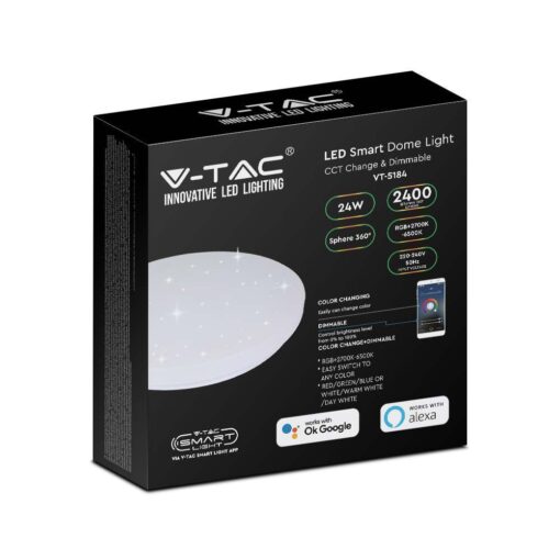 Wi-Fi Smart LED Πλαφονιέρα Λευκή με Έναστρο Κάλλυμα 24W V-TAC RGB+W CCT Dimmable – 7694