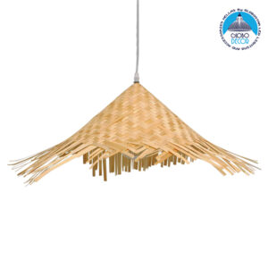 GloboStar® RICEHAT 01666 Vintage Κρεμαστό Φωτιστικό Οροφής Μονόφωτο 1 x E27 Μπέζ Ξύλινο Ψάθινο Bamboo Φ70 x Υ25cm