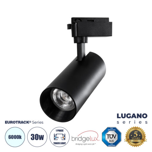 GloboStar® LUGANO 60815 Μονοφασικό Φωτιστικό Σποτ Ράγας LED 30W 3900lm 36° Acrylic HQ LENS AC 220-240V IP20 Φ7.5 x Υ22.7cm Ψυχρό Λευκό 6000K – EUROTRACK® System 1L+1N – Μαύρο – Bridgelux Chip – TÜV Certified Driver – 5 Χρόνια Εγγύηση