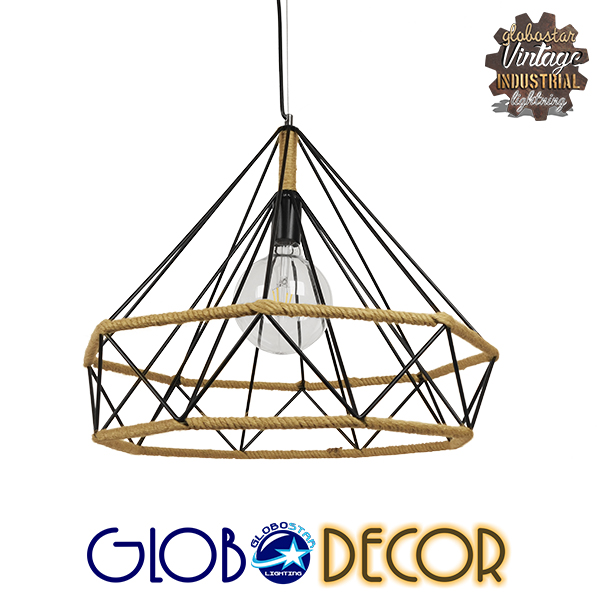 GloboStar® CONCRETE 01422 Vintage Κρεμαστό Φωτιστικό Οροφής Μονόφωτο 1 x E27 Μαύρο Μεταλλικό με Μπεζ Σχοινί Φ50 x Υ44cm