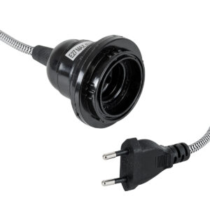 GloboStar® 77668 Μοντέρνο Κρεμαστό Φωτιστικό Whip Μονόφωτο 1 x E27 με Μαύρο Διακόπτη – Μαύρο Ντουί E27 – Μαύρη Ροδέλα για Καπέλο – Μαύρη Πρίζα και Άσπρο Μαύρο Υφασμάτινο Καλώδιο Φ5.8 x Υ140cm