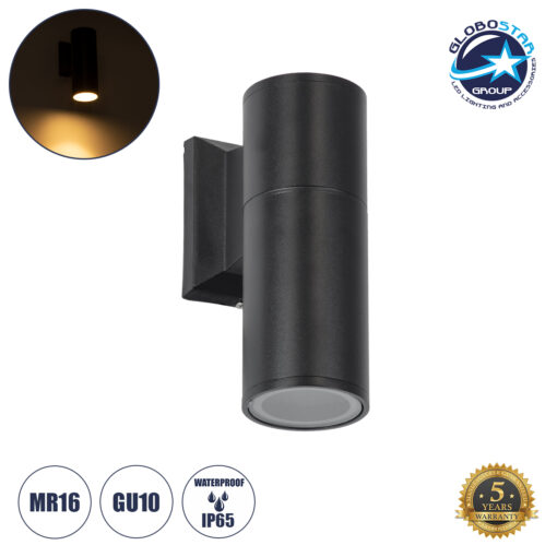 GloboStar® WALLY 77872 Φωτιστικό Τοίχου – Απλίκα Αρχιτεκτονικού Φωτισμού Εσωτερικού/Εξωτερικού Χώρου Up or Down Μονόφωτο 1 x GU10 AC220-240V Αδιάβροχο IP65 – Σώμα Αλουμινίου & Tempered Glass – Μ6.4 x Π11 x Υ17cm – Μαύρο – 5 Years Warranty