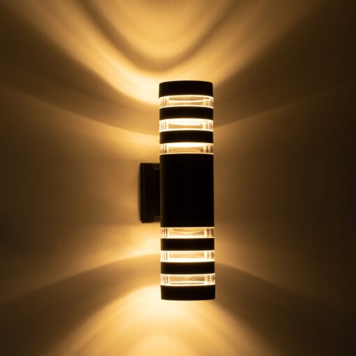 GloboStar® ORION 77883 Φωτιστικό Τοίχου – Απλίκα Αρχιτεκτονικού Φωτισμού Εσωτερικού/Εξωτερικού Χώρου Up & Down Δίφωτο 2 x GU10 AC220-240V Αδιάβροχο IP65 – Σώμα Αλουμινίου & Tempered Glass – Μ9 x Π15 x Υ23.2cm – Μαύρο – 5 Years Warranty