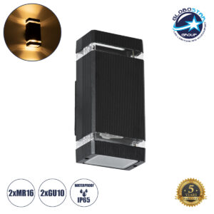 GloboStar® QUATRO 77893 Φωτιστικό Τοίχου – Απλίκα Αρχιτεκτονικού Φωτισμού Εσωτερικού/Εξωτερικού Χώρου Up & Down Δίφωτο 2 x GU10 AC220-240V Αδιάβροχο IP65 – Σώμα Αλουμινίου & Tempered Glass – Μ10.8 x Π10.5 x Υ25.5cm – Μαύρο – 5 Years Warranty