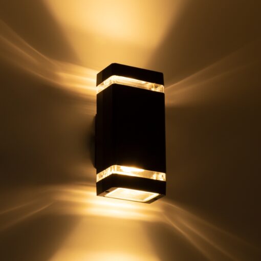 GloboStar® QUATRO 77893 Φωτιστικό Τοίχου – Απλίκα Αρχιτεκτονικού Φωτισμού Εσωτερικού/Εξωτερικού Χώρου Up & Down Δίφωτο 2 x GU10 AC220-240V Αδιάβροχο IP65 – Σώμα Αλουμινίου & Tempered Glass – Μ10.8 x Π10.5 x Υ25.5cm – Μαύρο – 5 Years Warranty