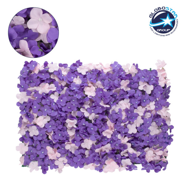 GloboStar® 78329 Artificial – Συνθετικό Τεχνητό Διακοσμητικό Πάνελ Λουλουδιών – Κάθετος Κήπος Ορτανσία – Ροζ – Μωβ Μ60 x Υ40 x Π5cm