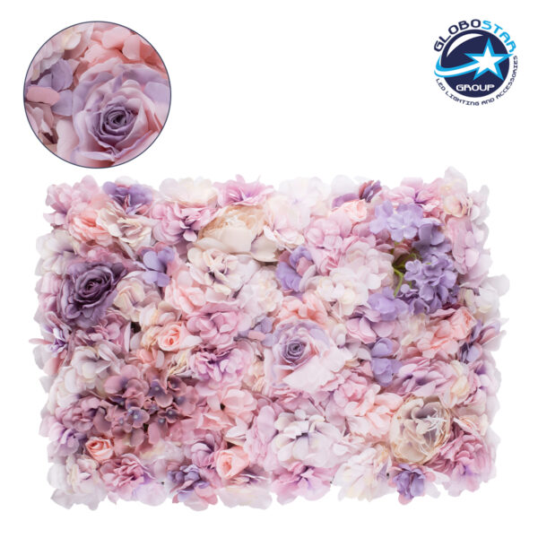 GloboStar® 78331 Artificial – Συνθετικό Τεχνητό Διακοσμητικό Πάνελ Λουλουδιών – Κάθετος Κήπος Τριαντάφυλλο – Ορτανσία – Βιολέτα – Ροζ – Λιλά Μ60 x Υ40 x Π7cm