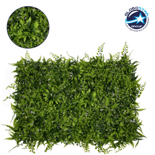 GloboStar® 78402 Artificial – Συνθετικό Τεχνητό Διακοσμητικό Πάνελ Φυλλωσιάς – Κάθετος Κήπος Νάνος Φτέρη – Νάνος Κισσός – Νάνος Δάφνη Πράσινο Μ60 x Υ40 x Π9cm