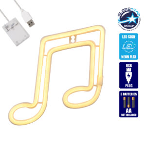 GloboStar® 78568 Φωτιστικό Ταμπέλα Φωτεινή Επιγραφή NEON LED Σήμανσης MUSIC NOTE 5W με Καλώδιο Τροφοδοσίας USB – Μπαταρίας 3xAAA (Δεν Περιλαμβάνονται) – Θερμό Λευκό 2700K