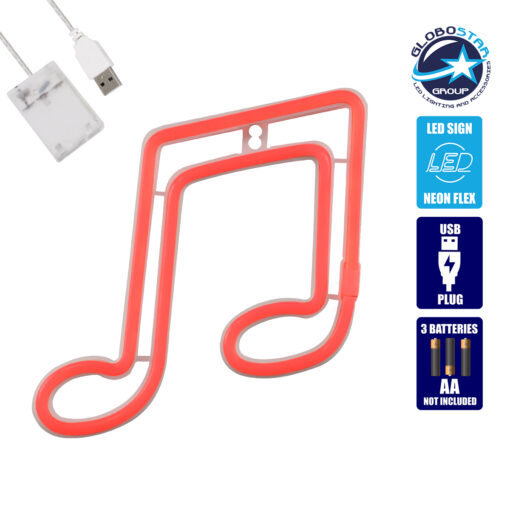 GloboStar® 78569 Φωτιστικό Ταμπέλα Φωτεινή Επιγραφή NEON LED Σήμανσης MUSIC NOTE 5W με Καλώδιο Τροφοδοσίας USB – Μπαταρίας 3xAAA (Δεν Περιλαμβάνονται) – Κόκκινο