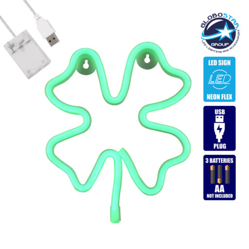 GloboStar® 78572 Φωτιστικό Ταμπέλα Φωτεινή Επιγραφή NEON LED Σήμανσης FOUR LEAF CLOVER 5W με Καλώδιο Τροφοδοσίας USB – Μπαταρίας 3xAAA (Δεν Περιλαμβάνονται) – Πράσινο