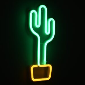 GloboStar® 78574 Φωτιστικό Ταμπέλα Φωτεινή Επιγραφή NEON LED Σήμανσης CACTUS 5W με Καλώδιο Τροφοδοσίας USB – Μπαταρίας 3xAAA (Δεν Περιλαμβάνονται) – Πράσινο – Κίτρινο