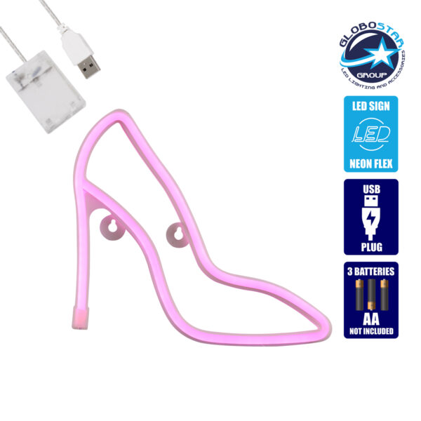 GloboStar® 78577 Φωτιστικό Ταμπέλα Φωτεινή Επιγραφή NEON LED Σήμανσης WOMEN SHOES 5W με Καλώδιο Τροφοδοσίας USB – Μπαταρίας 3xAAA (Δεν Περιλαμβάνονται) – Ροζ