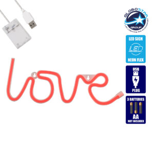 GloboStar® 78587 Φωτιστικό Ταμπέλα Φωτεινή Επιγραφή NEON LED Σήμανσης LOVE 5W με Καλώδιο Τροφοδοσίας USB – Μπαταρίας 3xAAA (Δεν Περιλαμβάνονται) – Κόκκινο