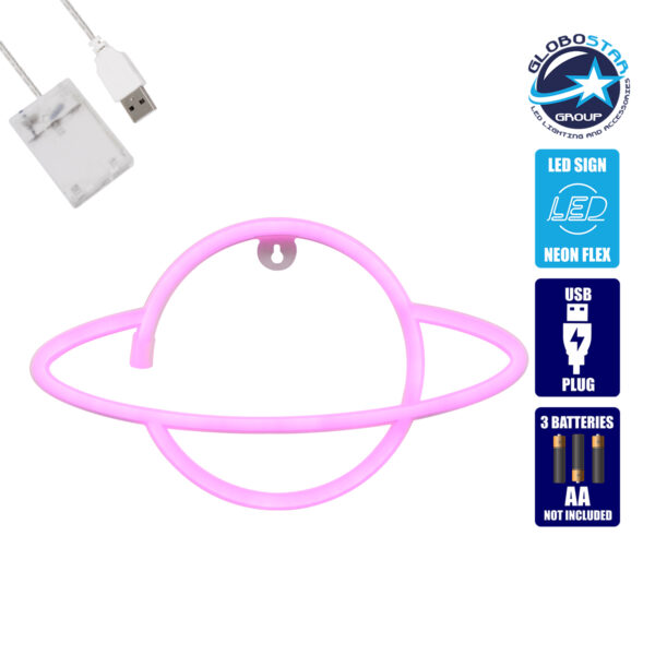 GloboStar® 78588 Φωτιστικό Ταμπέλα Φωτεινή Επιγραφή NEON LED Σήμανσης PLANET SATURN 5W με Καλώδιο Τροφοδοσίας USB – Μπαταρίας 3xAAA (Δεν Περιλαμβάνονται) – Ροζ