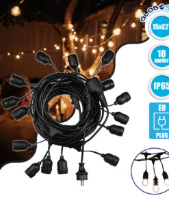 GloboStar® 78983 Καλωδιογιρλάντα PVC 10 Μέτρων με 15 Ντουί E27 με Πρίζα Schuko Επεκτεινόμενη Αδιάβροχη IP65