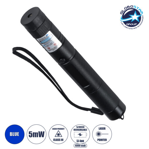 GloboStar® 78998 Φορητό Επαναφορτιζόμενο Laser Pointer 5Mw Class 3 DOT Zoom με Extra Κεφαλή για Dot Effects με Μπαταρία 18650 Li-ion 4800mAh & Φορτιστή – Μπλε 450nm Φ2.2 x Υ15cm
