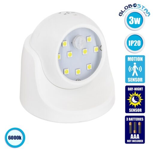 GloboStar® 79000 Λευκό Φωτιστικό Μπαταρίας σε Σχήμα Κάμερας LED SMD 3W 300lm με Αισθητήρα Ημέρας-Νύχτας και PIR Αισθητήρα Κίνησης Ψυχρό Λευκό 6000K