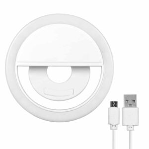 GloboStar® 79042 Selfie Ring Light LED SMD 2W 200 lm Λευκό Σώμα με Ενσωματωμένη Επαναφορτιζόμενη Μπαταρία 500mAh & Καλώδιο Φόρτισης Micro USB Ψυχρό Λευκό 6000 K για Κινητό Τηλέφωνο και Tablet Φ8.5 x Υ2.5cm