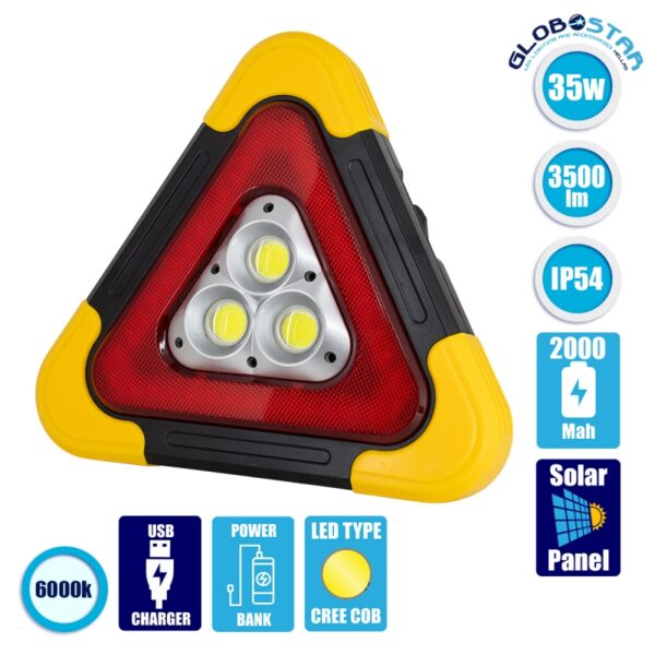 GloboStar® 79081 Φορητό Επαναφορτιζόμενο Τρίγωνο Ασφαλείας – Προβολέας Εργασίας LED COB 35W 3500lm με Ενσωματωμένη Μπαταρία 2000mAh & Φωτοβολταϊκό Πάνελ – 5 Light Modes & Power Bank με Καλώδιο Φόρτισης USB Αδιάβροχο IP54 Ψυχρό Λευκό 6000K