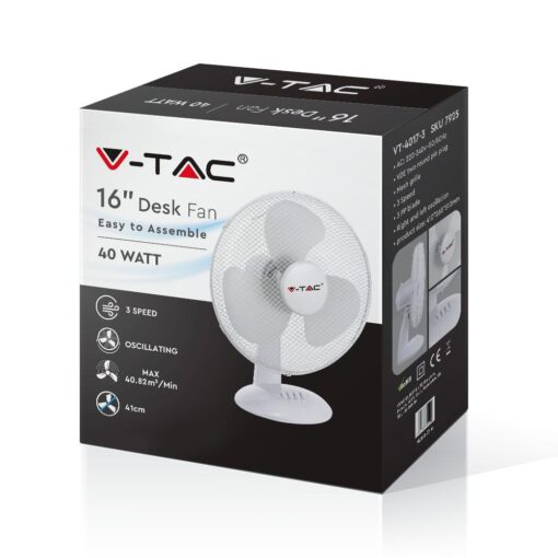 Επιτραπέζιος ανεμιστήρας 40W 16 ιντσών με 4 κουμπιά και 3 πτερύγια λευκό σώμα V-TAC – 7925