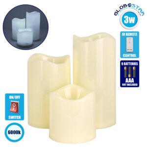 GloboStar® 79551 ΣΕΤ 3 Διακοσμητικών Realistic Κεριών με LED Εφέ Κινούμενης Φλόγας – Μπαταρίας & Ασύρματο Χειριστήριο IR Ψυχρό Λευκό 6000K Dimmable